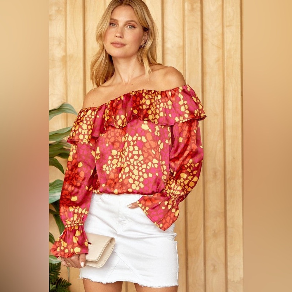 Satin Off-Shoulder Ruffle Printed Blouse - Fuchsia & Yellow
